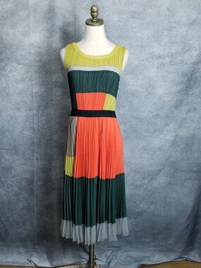 BCBGMaxazria Abie Sleeveless Pleated Color Block Midi Dress Size M Art Deco